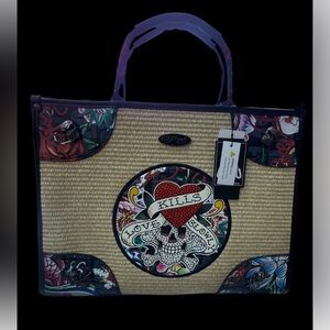 Ed Hardy Beige and Black Skull Tote